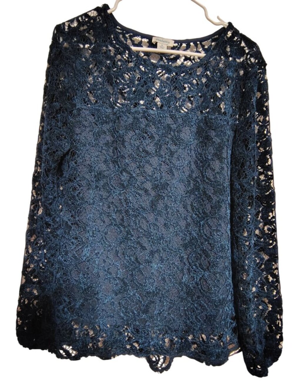 Sundance Medium Navy Blue Blouse Top, Lace Crochet Long Sleeve Quiet Luxury